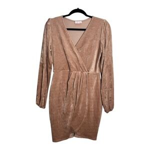 Pink Lily Womens Mauve Ribbed Velvet Faux Wrap Mini Dress Long Sleeve Large